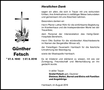 Traueranzeige von Günther Fetsch von vrm-trauer