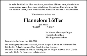 Traueranzeige von Hannelore Löffler von vrm-trauer