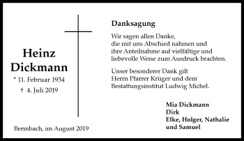 Traueranzeige von Heinz Dickmann von vrm-trauer