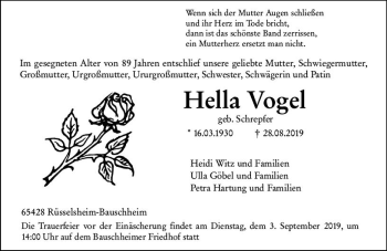 Traueranzeige von Hella Vogel von vrm-trauer