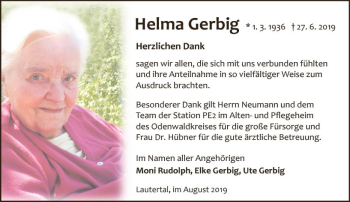 Traueranzeige von Helma Gerbig von vrm-trauer