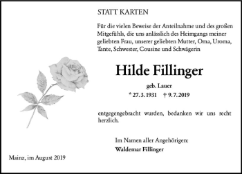 Traueranzeige von Hilde Fillinger von vrm-trauer