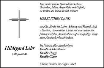 Traueranzeige von Hildegard Lehr von vrm-trauer