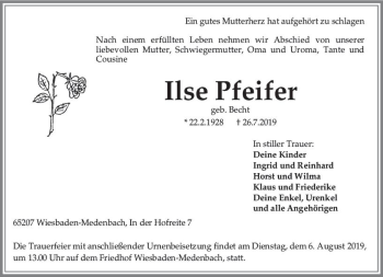 Traueranzeige von Ilse Pfeifer von vrm-trauer