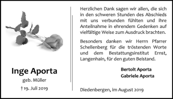 Traueranzeige von Inge Aporta von vrm-trauer