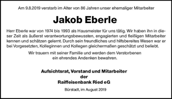 Traueranzeige von Jakob Eberle von vrm-trauer