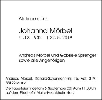 Traueranzeige von Johanna Mörbel von vrm-trauer