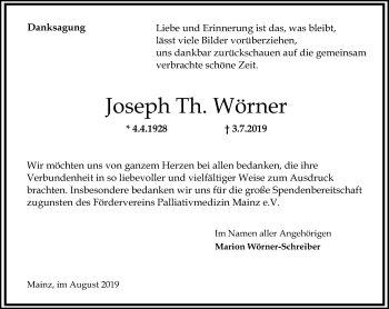 Traueranzeige von Joseph Th Wörner von vrm-trauer