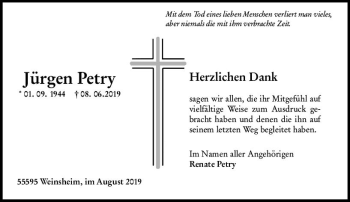 Traueranzeige von Jürgen Petry von vrm-trauer