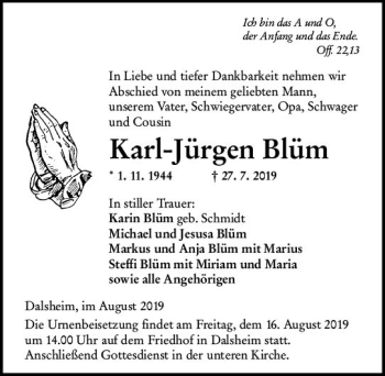 Traueranzeige von Karl-Jürgen Blüm von vrm-trauer