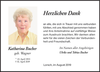 Traueranzeige von Katharina Bucher von vrm-trauer