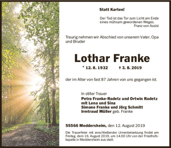 Traueranzeige von Lothar Franke von vrm-trauer