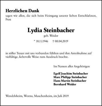 Traueranzeige von Lydia Steinbacher von vrm-trauer
