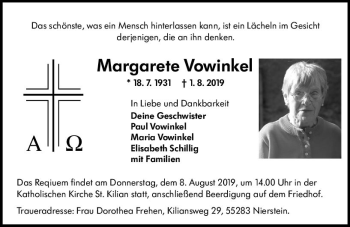 Traueranzeige von Margarete Vowinkel von vrm-trauer