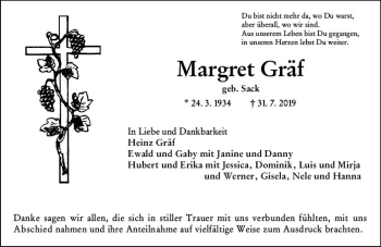 Traueranzeige von Margret Gräf von vrm-trauer