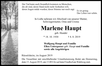 Traueranzeige von Marlene Haupt von vrm-trauer