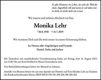 Traueranzeige von Monika Lehr von vrm-trauer