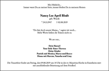 Traueranzeige von Nancy Lee April Blodt von vrm-trauer