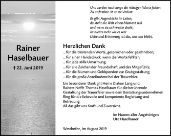 Traueranzeige von Rainer Haselbauer von vrm-trauer