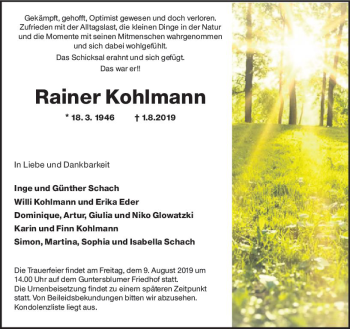 Traueranzeige von Rainer Kohlmann von vrm-trauer