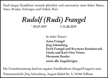 Traueranzeige von Rudolf Rudi Frangel von vrm-trauer