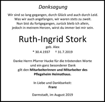 Traueranzeige von Ruth-Ingrid Stork von vrm-trauer