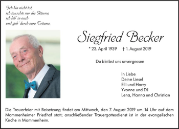 Traueranzeige von Siegfried Becker von vrm-trauer