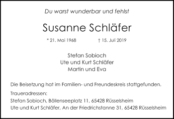 Traueranzeige von Susanne Schläfer von vrm-trauer