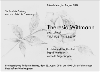Traueranzeige von Theresia Wittmann von vrm-trauer