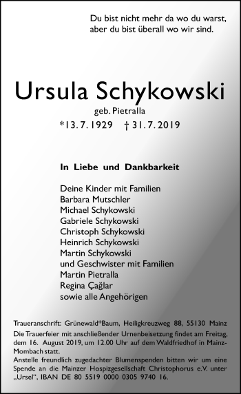 Traueranzeige von Ursula Schykowski von vrm-trauer