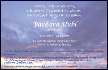 Traueranzeige von Barbara Hubl von vrm-trauer