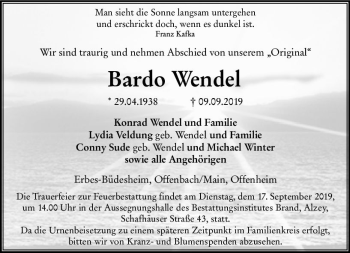Traueranzeige von Bardo Wendel von vrm-trauer