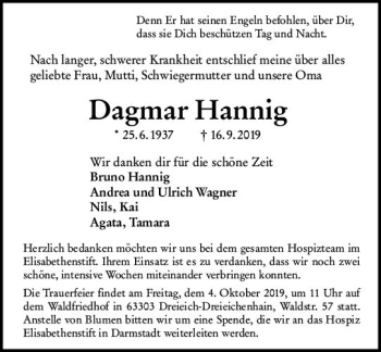 Traueranzeige von Dagmar Hannig von vrm-trauer