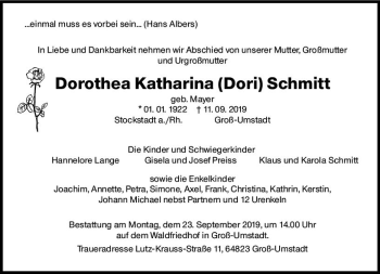 Traueranzeige von Dorothea Katharina Schmitt von vrm-trauer