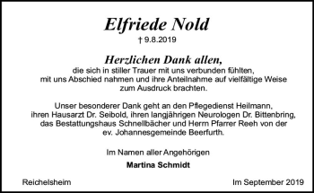 Traueranzeige von Elfriede Nold von vrm-trauer