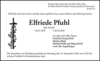 Traueranzeige von Elfriede Pfuhl von vrm-trauer
