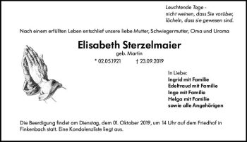 Traueranzeige von Elisabeth Sterzelmaier von vrm-trauer