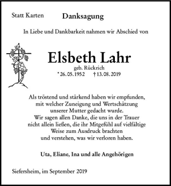 Traueranzeige von Elsbeth Lahr von vrm-trauer