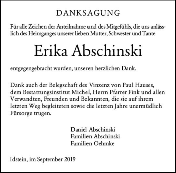 Traueranzeige von Erika Abschinski von vrm-trauer