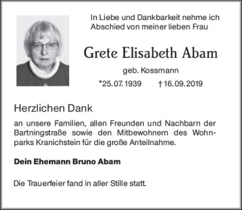 Traueranzeige von Grete Elisabeth Abam von vrm-trauer