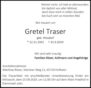 Traueranzeige von Gretel Traser von vrm-trauer