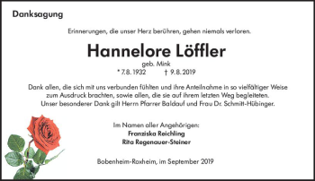 Traueranzeige von Hannelore Löffler von vrm-trauer