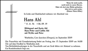 Traueranzeige von Hans Ahl von vrm-trauer