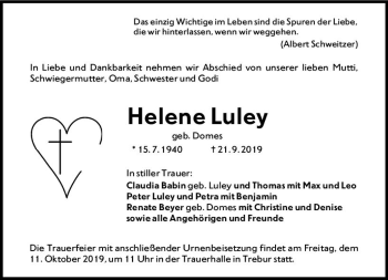 Traueranzeige von Helene Luley von vrm-trauer