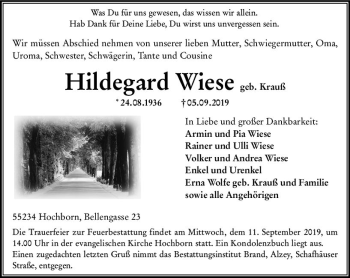 Traueranzeige von Hildegard Wiese von vrm-trauer