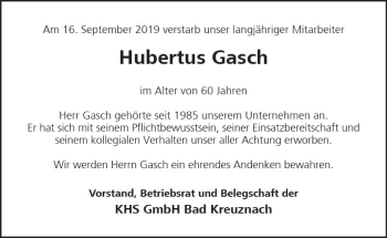 Traueranzeige von Hubertus Gasch von vrm-trauer