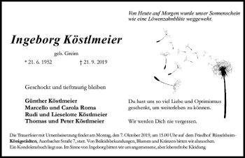 Traueranzeige von Ingeborg Köstlmeier von vrm-trauer