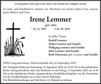 Traueranzeige von Irene Lemmer von vrm-trauer