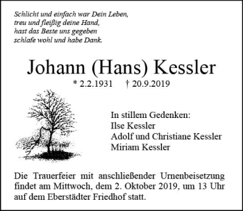 Traueranzeige von Johann Hans Kessler von vrm-trauer