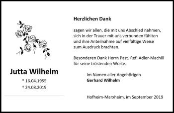 Traueranzeige von Jutta Wilhelm von vrm-trauer